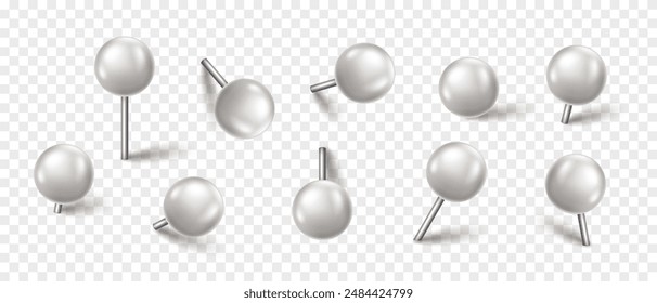 Vector 3D white pin with shadow isolated on transparent background. Set of realistic plastic round thumbtack in different angles.