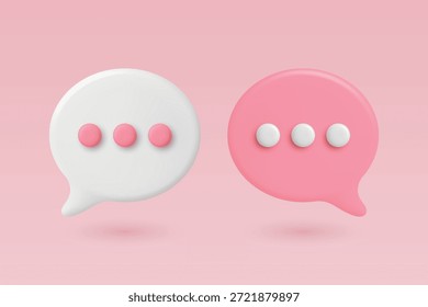 Vektor 3D Weiß und Rosa Chat Blasen. Sprechblasen mit Punkten. Modernes Messenger-Symbol, Kommunikationssymbol, Chat-App-UI-Element, Vorlage für Nachrichtendesign in sozialen Medien