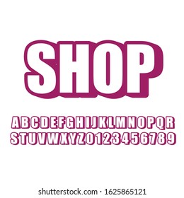 vector 3d white purple font alphabet and numbers, shop word on white background