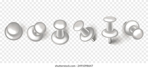 Vector 3D white push pin with shadow isolated on transparent background. Set of realistic plastic thumbtack in different angles.