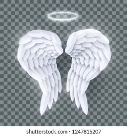 Vector 3d white realistic layered paper cut angel wings isolated on transparent background