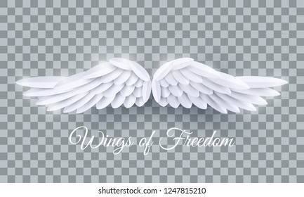 Vector 3d white realistic layered paper cut angel wings isolated on transparent background