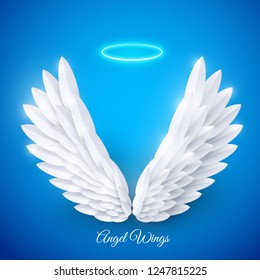 Vector 3d white realistic layered paper cut wings on blue background. Happy Valentines day greeting card