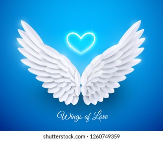 Vector 3d white realistic layered paper cut angel wings on blue background. Happy Valentines day greeting card