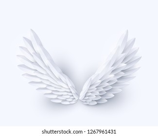 Vector 3d white realistic layered paper cut angel wings isolated on white background