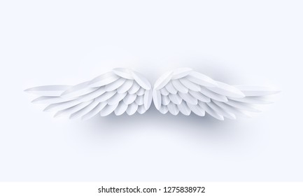 Vector 3d white realistic layered paper cut angel wings isolated on white background