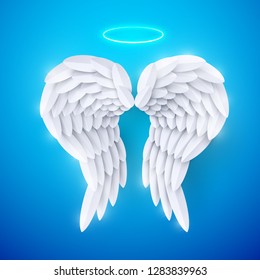 Vector 3d white realistic layered paper cut angel wings on blue background. Happy Valentines day greeting card