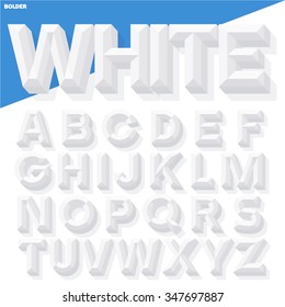 Vector 3D white simple bold beveled alphabet with shadow. Simple colored version.