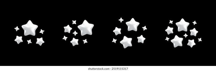 Vetor 3d branco brilhante estrela coleção no fundo preto. Renderização 3d de desenho animado realista bonito, brilho de prata brilhante estrelas ilustração conjunto para decoração mágica, web, jogo, app, design, berçário.