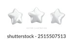 Vector 3d white star icons set. Cute realistic cartoon 3d render, glossy metallic silver star front and side projection, for customer rating concept, decor, web, game design, app, advert.