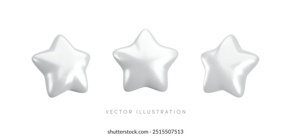 Ícones de estrela branca 3d vetorial definidos. Renderização 3d de desenho animado realista bonito, projeção frontal e lateral brilhante estrela de prata metálica, para conceito de classificação do cliente, decoração, web, design de jogo, app, anúncio.