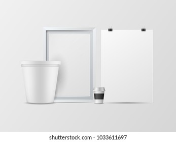 Vector 3D white tank with coffee mugs and photo frames isolated on a white background.