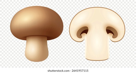 Vector 3d Whole and Sliced Champignon Mushroom Set. Realistic Fresh White Mushroom with Cut Section for Cooking Ingredient, Food Packaging, Grocery, Organic Product, Recipe, Culinary Illustration