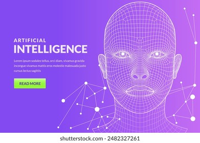 Vector 3d wireframe human front face on gradient background. Abstract geometric grid mesh head illustration. Future high technology, artificial intelligence, science, robotic engineering concept