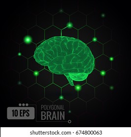 Vector 3D wireframe polygonal green brain graphic illustration side view glowing with hexagonal connection dots on black background