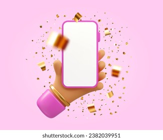 Mujer vectora 3d mano sosteniendo el teléfono con confeti de oro. Banner de la web rosa o burla. Tejido de oro realista y ilustración de smartphone