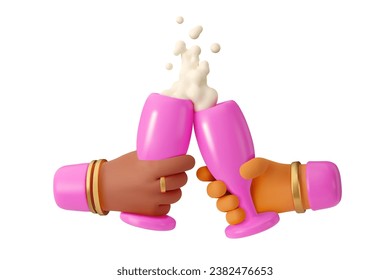 Vector 3d woman hands holding wine glass with champagne. Render diversity illustration, girls arm in pink with gold bracelets isolated on white background. Cartoon icon toast concept