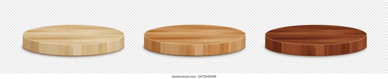 Vector 3d wooden circle podium set. Round empty light, dark and natural wood pedestal with shadow on transparent background. Natural product display presentation scene template collection