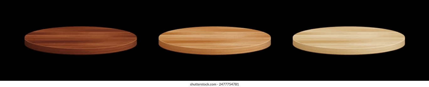 Vector 3d wooden circle podium set. Round empty realistic dark and light wood pedestal on black background. Natural product display presentation scene template element collection