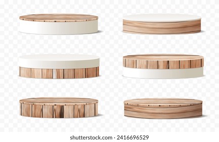 Vector 3d wooden cylinder pedestal podium geometric platform. Product display presentation. Minimal scene template design