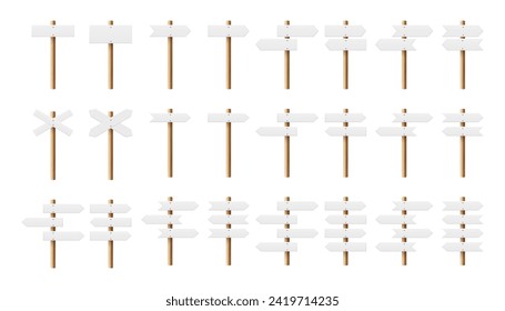 Juego de entradas de señalización de madera 3D para vectores. Cartel en blanco realista en la carretera, apuntador de madera contrachapada, madera, textura de madera. Señal de dirección de punción, aislada. Elementos de diseño de navegación, conceptos de dirección