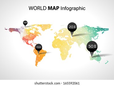Vector 3d world map with points and percantage. Globe world map concept