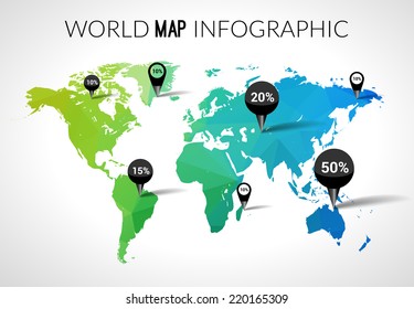 Vector 3d World Map With Points And Percantage. Triangle Green Blue Travel Globe World Map Infographic Concept