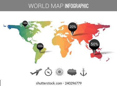 Vector 3d world map with points and percantage. Triangle green red globe travel world map infographic concept