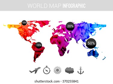 Vector 3d world map with points and percantage. Triangle blue red globe travel world map infographic concept