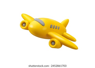 Vector de avión amarillo 3d. Dibujos animados simple avión de pasajeros render, avión volador en el cielo, aislado sobre fondo blanco. Elemento de diseño de entrega internacional