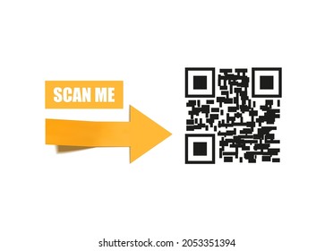 Vector 3D Yellow Arrow and Qr Code, Scan Me Illustration, Banner Template.