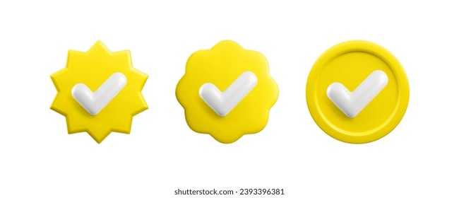 Vector 3d Yellow Check mark realistic icons set. Trendy plastic round starburst, wavy verified badge with checkmark, approved icon on white background. Gold official tick button. 3d render yes sign.