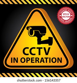 Vector : 3D Yellow Glossy Style Triangle Caution Plate For Safety Present By CCTV in Operation With CCTV or Surveillance Camera Sign in Dark Background