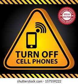 Vector : 3D Yellow Glossy Style Triangle Caution Plate For Safety Present By Turn Off Cell Phones With Mobile Phone, Cellular Phone  or Smart Phone Sign in Dark Background 
