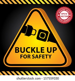 Vector : 3D Yellow Glossy Style Triangle Caution Plate For Safety Present By Buckle Up For Safety With Seat Belt or Safety Belt Sign in Dark Background 