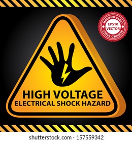 Vector : 3D Yellow Glossy Style Triangle Caution Plate For Safety Present By High Voltage Electrical Shock Hazard With Hand And Electric Or Thunderbolt Sign In Dark Background 