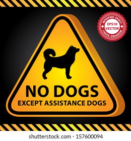 Vector : 3D Yellow Glossy Style Triangle Caution Plate For Safety Present By No Dogs Except Assistance Dogs With Dog Sign in Dark Background 
