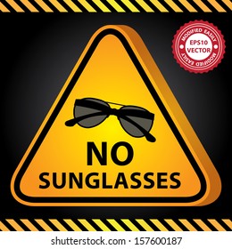 Vector : 3D Yellow Glossy Style Triangle Caution Plate For Safety Present By No Sunglasses With Sunglasses Sign in Dark Background 