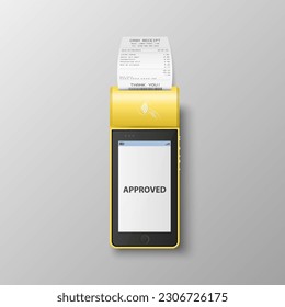 Vector 3d Yellow NFC Payment Machine with Approved Status and Paper Receipt, Bill. Wi-fi, Wireless Payment. POS Terminal, Machine Design Template of Bank Payment Contactless Terminal, Mockup. Top View