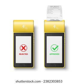 Vector 3d Yellow NFC Payment Machine with Rejected and Approved Status, Paper Cash Receipt, Bill. Payment POS Terminal, Machine Design Template of Bank Payment Contactless Terminal, Mockup. Top View