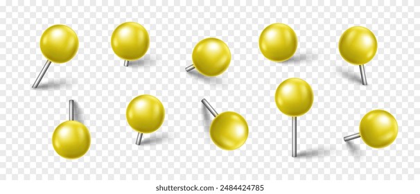 Vector 3D yellow pin with shadow isolated on transparent background. Set of realistic plastic round thumbtack in different angles.