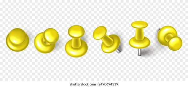 Vector 3D yellow push pin with shadow isolated on transparent background. Set of realistic plastic thumbtack in different angles.