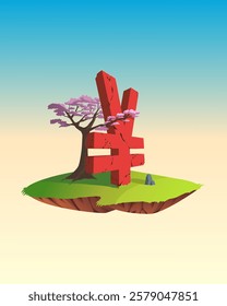 Vector 3d Yen currency symbol on floating island