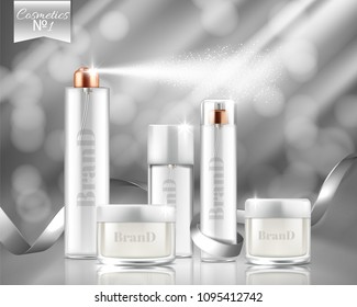 Vector 3f realistic promotion banner with glass sprays, jars of cosmetic, gel, cream. Transparent bottles isolated on background. Skincare, beauty product for skin treatment. Mockup, template