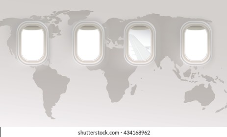 Vector 4 Blank window plane on world map background for travel concept, info graphic background.