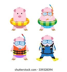 Vector 4 Cute Cartoon Pigs in Summer Clothes for Sea Travel