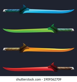 vector of 4 elemental game items: sword, water, earth, wind and fire