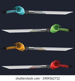 vector of 4 elemental game items: sword, water, earth, wind and fire