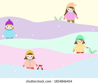 Vector - 4 girl kids wear knitting and hat Christmas costume play outside with snowing. Pastel color. New Year party, Seasonal greeting. Copy space.