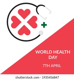 A vector of 4 hearts in radial shape with stethoscope and health symbol on white background. World Health Day will celebrate 7th of April every year.